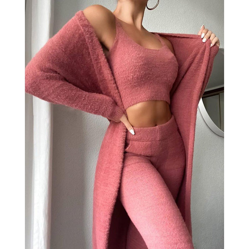 Cozy Pajama Set, 3 Piece Lounge Set, Cute Loungewear, Warm Suit Sets, Matching Set, Lounge Set, 3 Piece Pant Sets, Women Winter Dress Pink