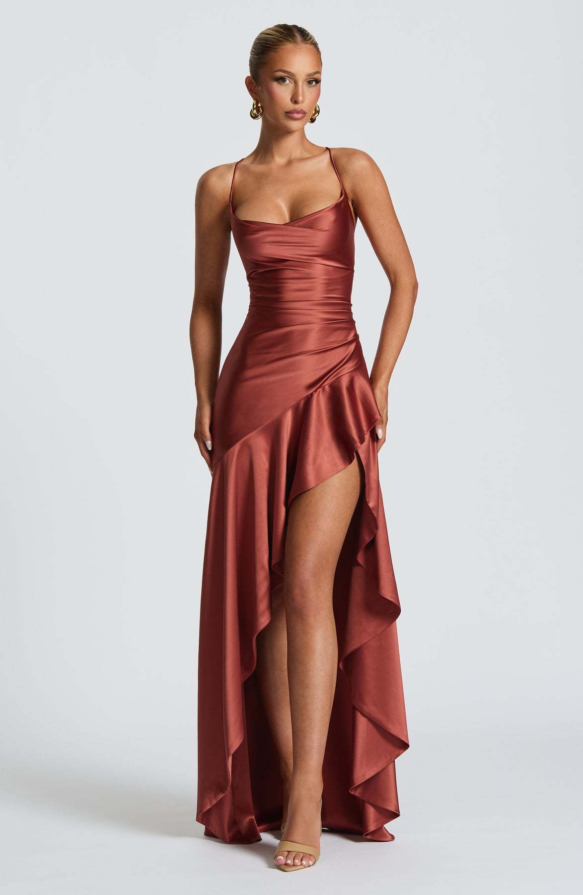 Women's Backless Ruffles Irregular Summrer Dress Brickred