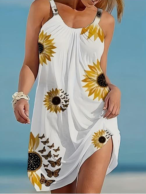 Plus Size Sleeveless Camisole Sunflower Printed Vest Elegant Wrap Women's Sexy Party Casual Loose Dresses White