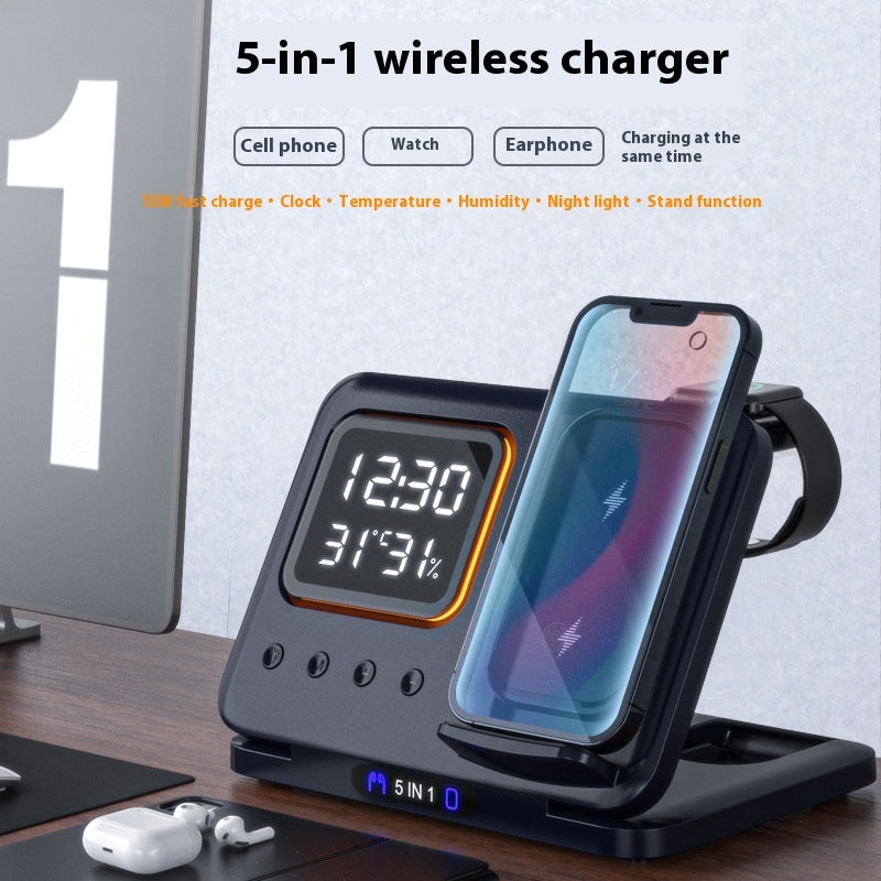 5 In1 LED Digital Alarm Clock Fast Charging Dock Station