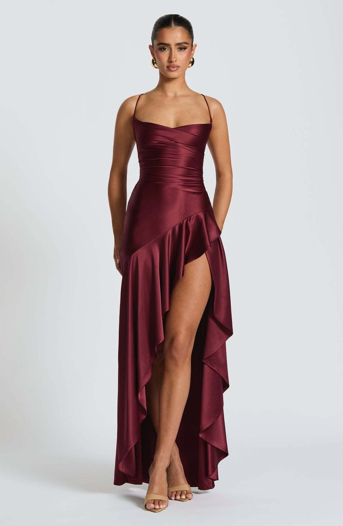 Women's Backless Ruffles Irregular Summrer Dress Wine Red