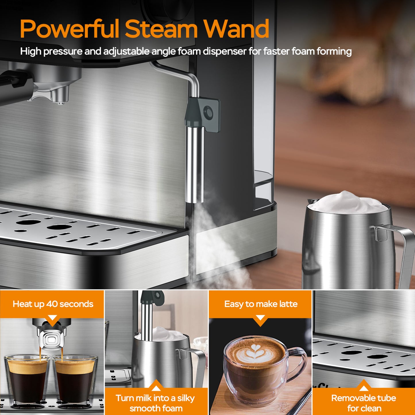 Professional Espresso Machine With Milk Frother, Single & Double Shot,