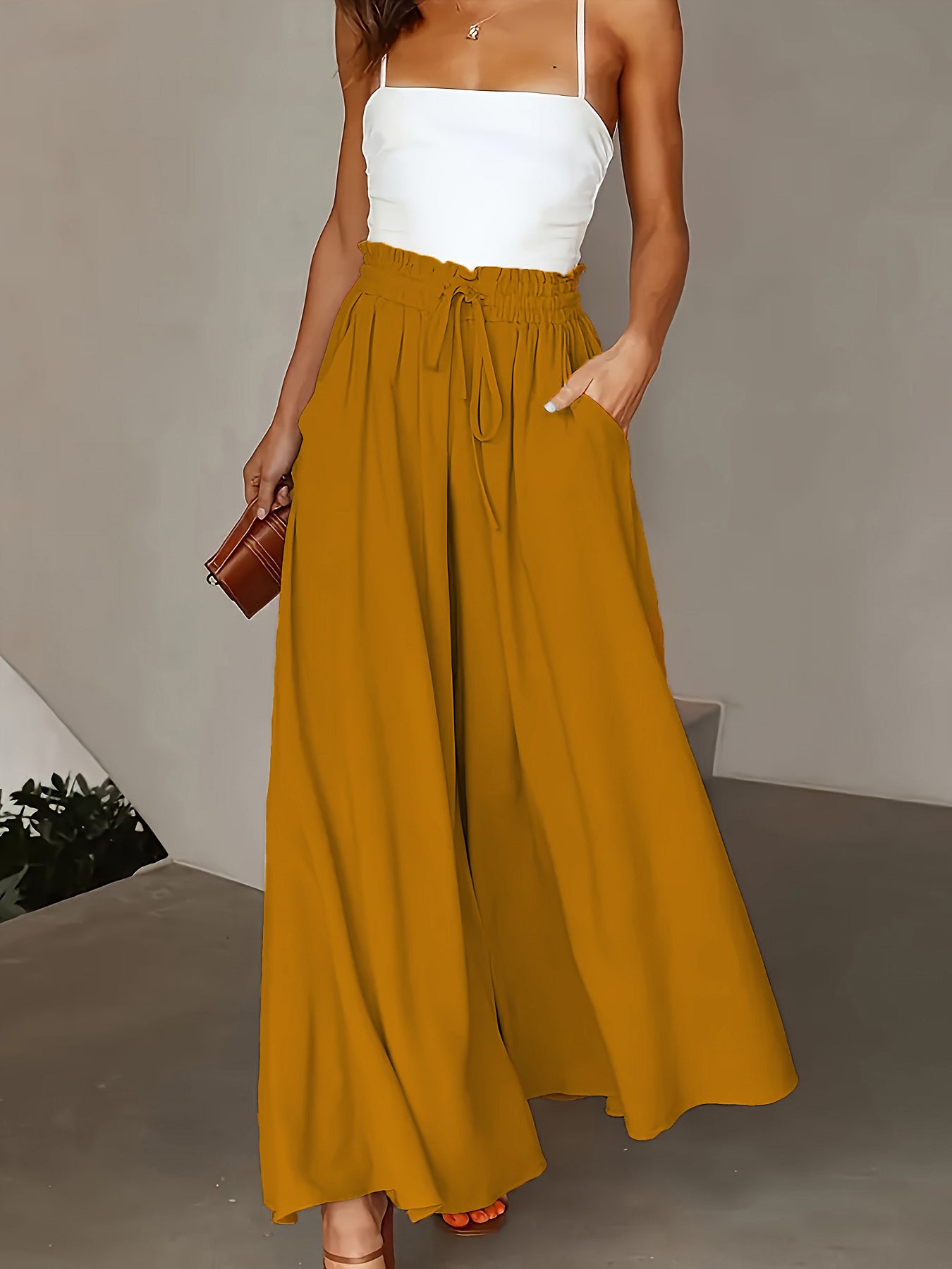 New Casual Elastic High Waist Solid Color Wide Leg Pants Gingercolored