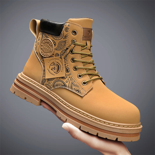 Men's high top Martin boots autumn and winter outdoor casual workwear shoes retro frosted surface thick soled yellow boots