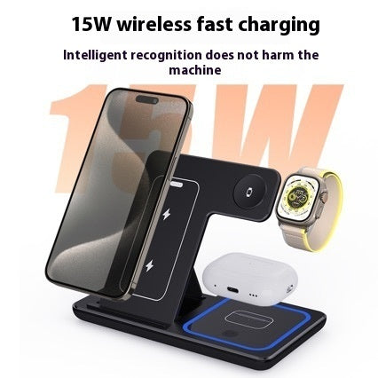 15W 3 In 1 LED Fast Wireless Charger Stand Foldable Charging Station For Smart Phone 15 14 13 12 11 IWatch 9 8 7 6 5 Airpods Pro Black IPhone