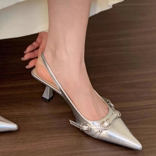 Spring and summer new one-piece buckle with toe cap sandals rear empty single shoes Silver