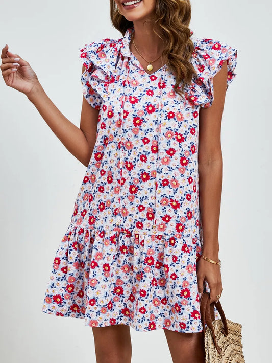 Printed layered patchwork dress with pockets and ruffled edges V-neck knee length skirt Rust