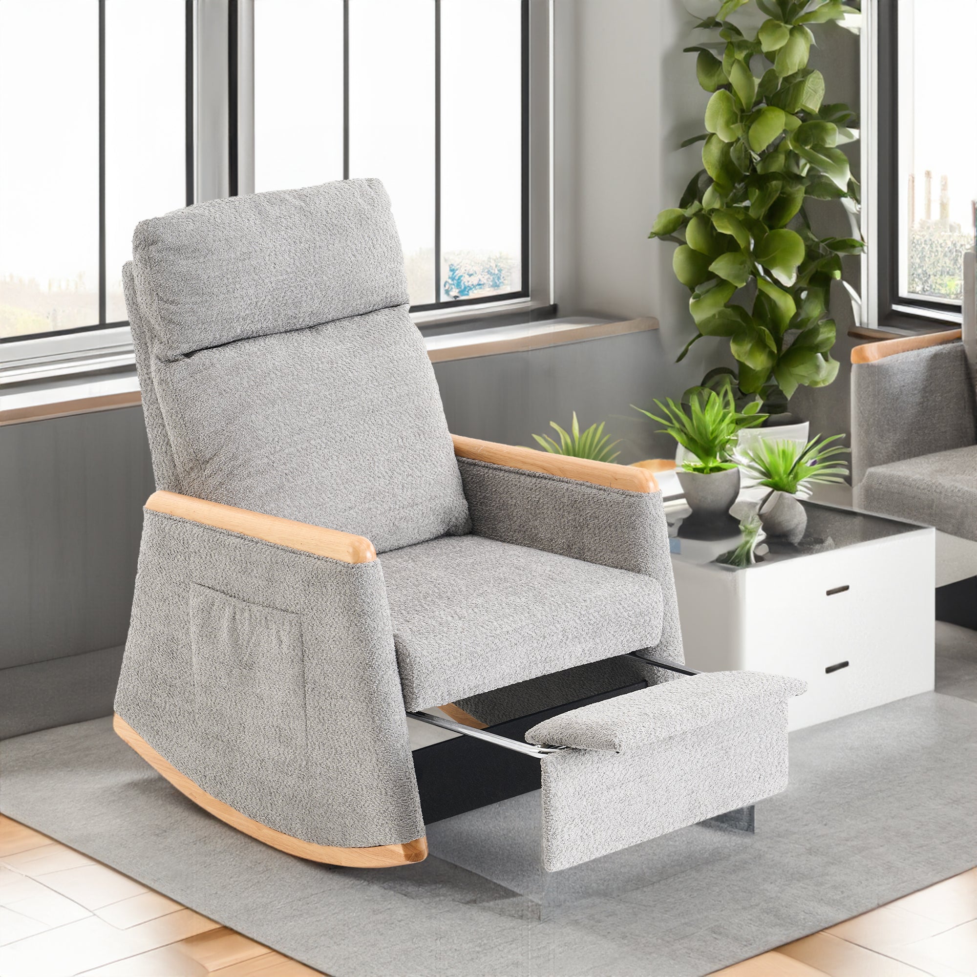 Accent Rocking Chair with Footrest High Back Rubber Wood Rocking Legs ...