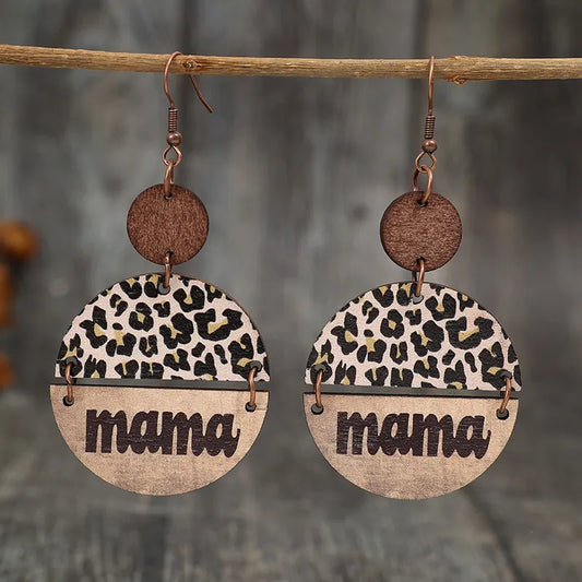 Wooden Leopard Round Shape Earrings Khaki One Size