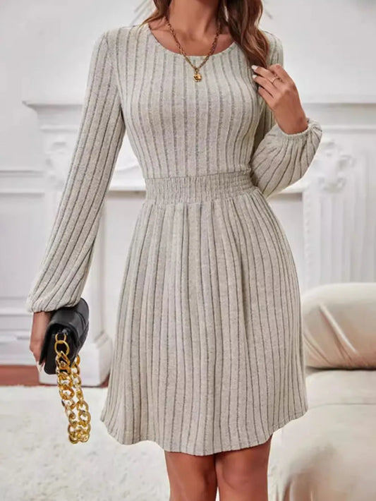 Smocked Round Neck Long Sleeve Knee Length Dress Dust Storm