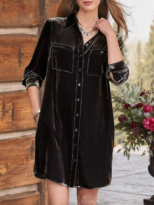 High-Low Button Up Long Sleeve Knee Length Dress Black