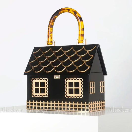 Box Evening Clutch Bags Women Luxury Designer Acrylic Handle House Shaped Purses And Handbags Wedding Party Black L18.5 x W9.8 x H17cm