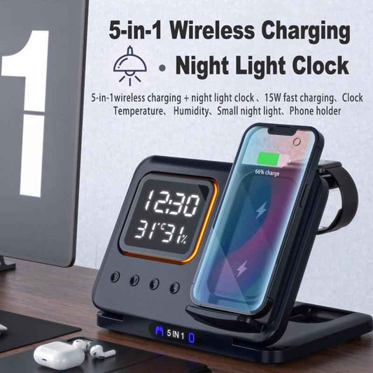 5 In1 LED Digital Alarm Clock Fast Charging Dock Station