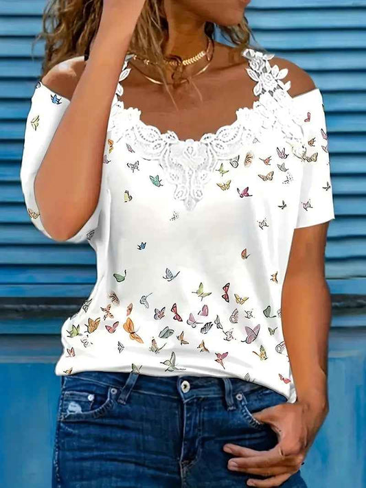 Spring Summer New Butterfly Print V-neck T-shirt Lace Casual Off-the-shoulder Short-sleeved Top