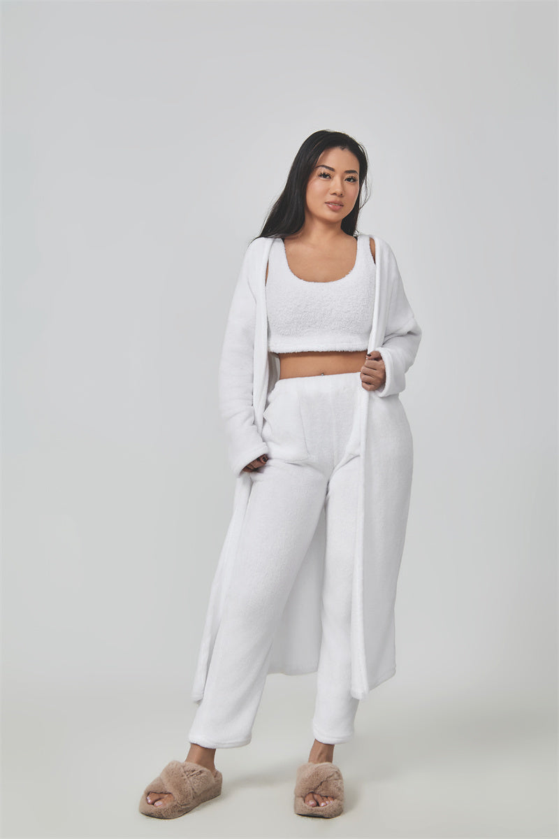 Cozy Pajama Set, 3 Piece Lounge Set, Cute Loungewear, Warm Suit Sets, Matching Set, Lounge Set, 3 Piece Pant Sets, Women Winter Dress White